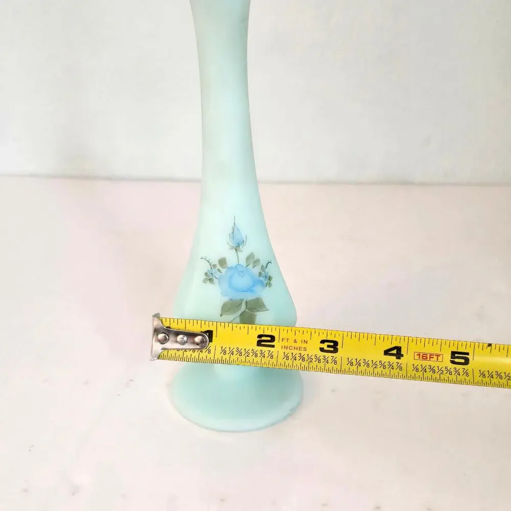 Vintage Fenton Bud Vase Blue Roses Hand Painted Satin Glass Artist Signed MCM